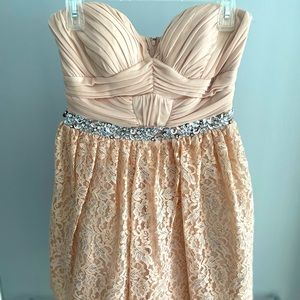City Studio Beige Strapless Lace Dress